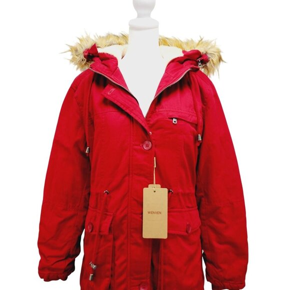 WenVen Jacket Womens Sherpa Lined Hooded Chore Coat Removable Fur Red Size M New - Picture 10 of 16